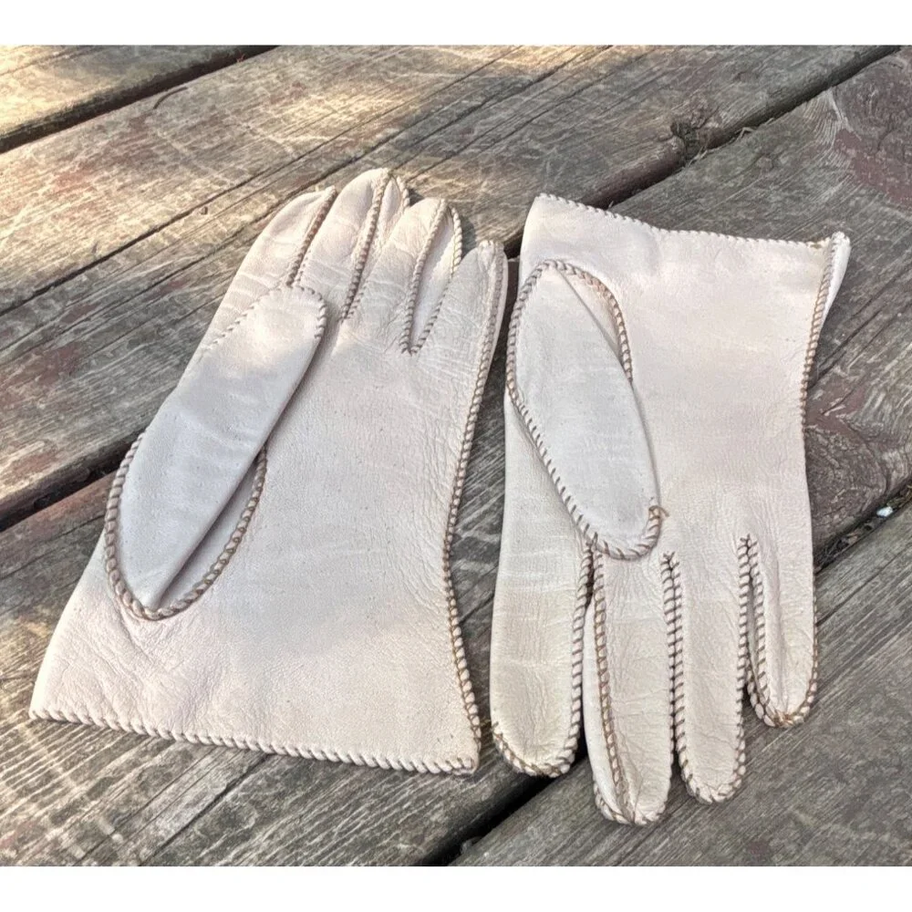 Vtg Washable Kid‎ Leather Ladies Beige Gloves Size Size 7